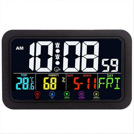 Horloge murale numérique, horloge de bureau 20 cm (8 pouces) à piles, affichage de la température, de l'humidité, du jour et de la date, couleur noire. (1/5)