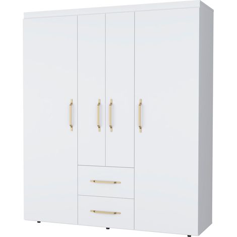 Armadio Bariloche in melamina con 4 ante, 4 ripiani, 3 appendiabiti e 2 cassetti , bianco, 177.9 cm X 150.3 cm X 50.4 cm (1/5)