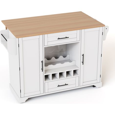 Îlot de cuisine sur roulettes avec plan de travail rabattable, rangement pour vin, porte-verres et support épices, 138x45/70x92 cm, blanc (1/5)