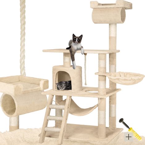 Arbre à chat panneau de fibres griffoir sisal 141 cm et sécurité beige (1/10)