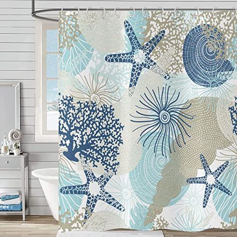 Rideau de Douche côtes Nautiques 180x200, Plage thématique étoile de mer Coquillage Corail Rideau de Douche océan Vie Marine Rideau de Baignoire imperméable Tissu Polyester Rideau de Bain (1/4)