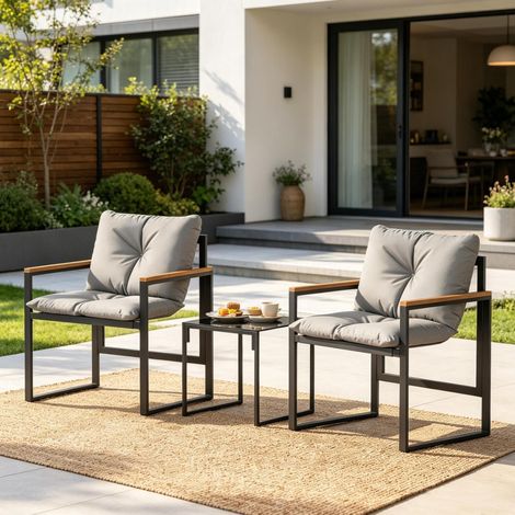 Salon de jardin 3 pièces 64x62x68 cm en métal noir et gris, table en verre, pour balcon – MEUBLIV (1/5)