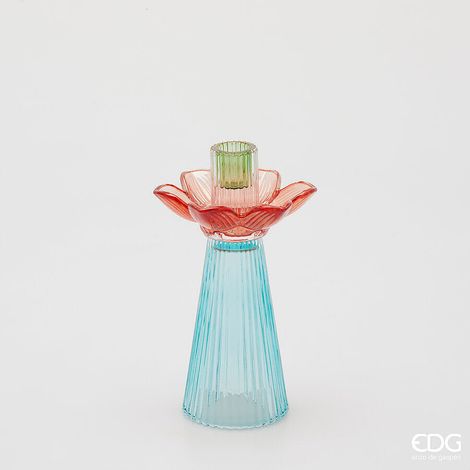 EDG Enzo De Gasperi Portacandela Flower in Vetro H 21 Cm D 12 Cm Blu Mix
