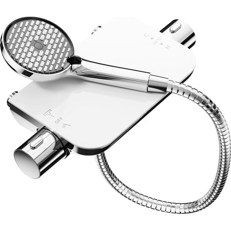 Mitigeur de douche thermostatique avec pommeau de douche à 6 modes, flexible en acier inoxydable 1,5 m, raccord universel G1/2'', double commande de sortie d’eau, montage mural (Chrome/Blanc) (1/5)