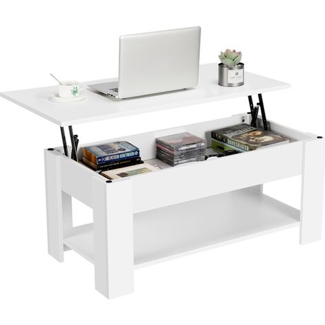 Yaheetech Tavolino da caffè sollevabile Tavolo Moderno Elevabile da Salotto Divano caffè con Ripiano Inferiore Bianco 98 x 50 x 41,8 cm Bianco (1/5)