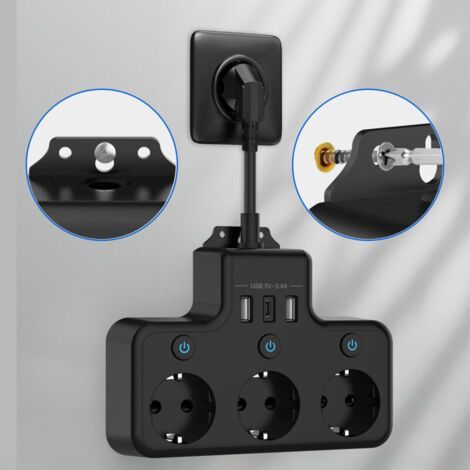 Multipresa con interruttore individuale, ciabatta elettrica con USB C, ciabatta a muro con 3 prese e 2 porte di ricarica USB, adattatore 7 in 1 (Nero) (1/5)