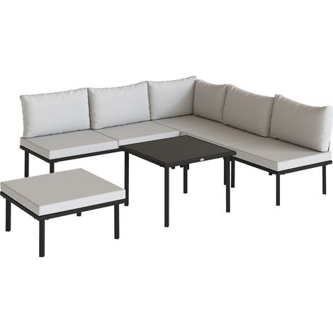 Salon de jardin angle modulable 6 places, table basse verre trempé gris clair, ensemble extérieur modulaire (1/5)