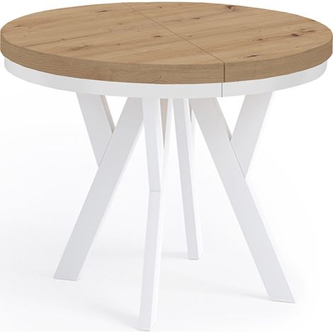 Table de salle à manger ronde extensible PERO avec cerclage métallique, style loft, scandinave, diamètre : 100 / 150 cm, couleur :Artisan/Blanc (1/4)
