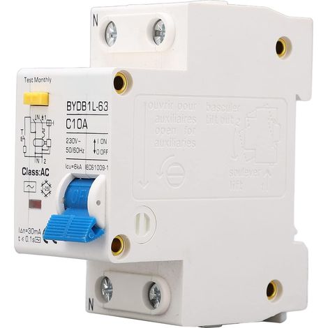 Disjoncteur Miniature AC, BYDB1L-63 C10A 230V 10A 30mA 1 P+N Disjoncteur RCD pour Montage Sur Rail DIN (1/5)