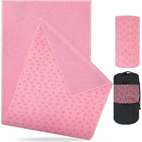 Yoga Towel, Non-Slip Yoga Mat Towel, 183 x 63 cm Microfibre Yoga Towels Blanket, with Mesh Carry Bag, for Gym, Pilates – Pink (1/5)