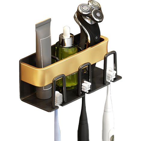 Support mural aluminium pour brosse à dents, verre, dentifrice et rasoir, organiseur multifonction adhésif sans perçage, étui de rangement compact pour salle de bain (1/5)