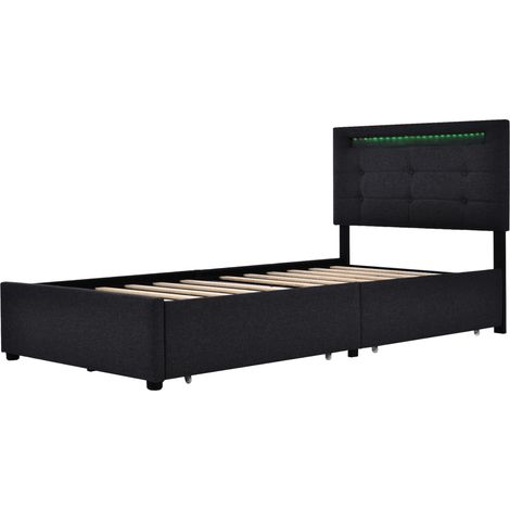 Polsterbett 90x200 cm schwarz mit LED und 2 Schubladen, verstellbares Kopfteil, MODENUIT (1/5)