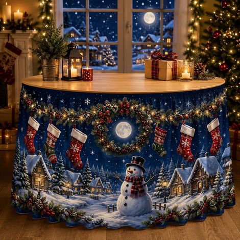 Nappe de Noël style 2026 pour décorations de fête de famille - Tissu décoratif en polyester imprimé bonhomme de neige et sapin de Noël - 275 x 75 cm - Lot de 4