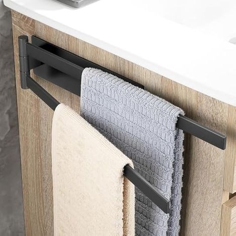 Porte-serviettes de bain adhésif sans perçage noir pivotant à 180 °, porte-serviettes mural en acier inoxydable 304 porte-serviettes (1/5)