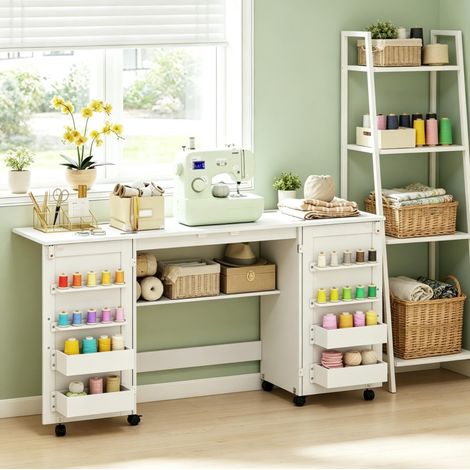 Table de couture pliante 160x40x81,5 cm en panneaux de bois blanc, avec rangement bureau FloraGrace (1/5)