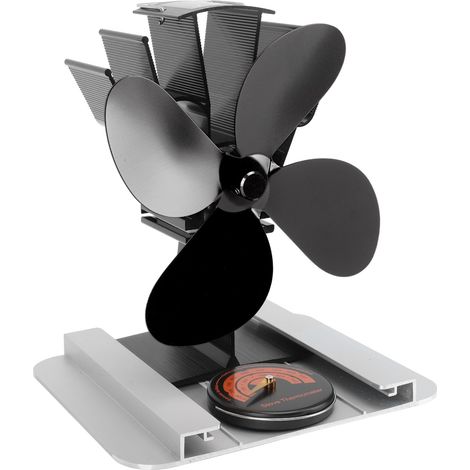 Ventilateur de poêle à 4 pales à combustion intégrée avec thermomètre et écran thermique, en alliage d'aluminium, silencieux, pour poêle à bois, noir. (1/5)