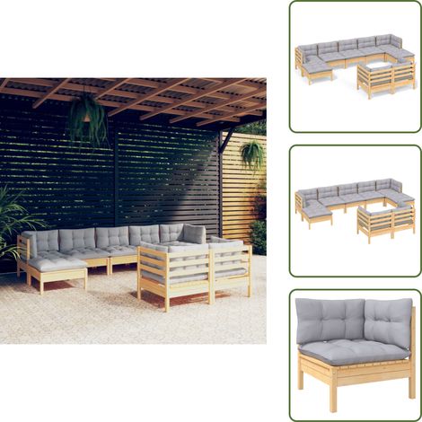 9-tlg. Garten-Lounge-Set mit Grauen Kissen Kiefer Massivholz - Garten Lounge Set - Kiefernholzmöbel - Outdoor Möbel - Gartentisch - Gartenstuhl (1/5)