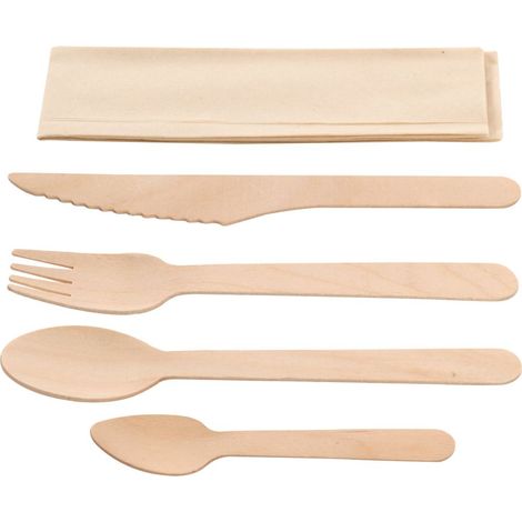 Kit couverts 5 en 1 en bois : couteau + fourchette + cuillère + petite cuillère + serviette kraft - 500 unités - Betik