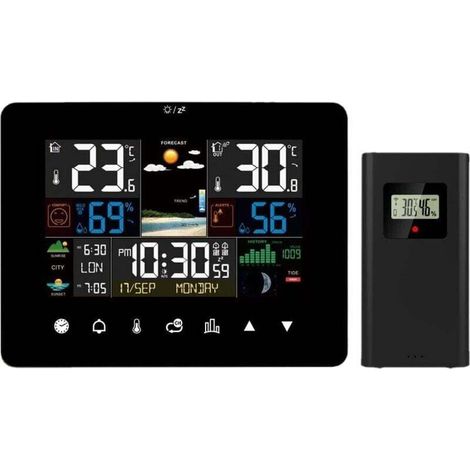 Wireless weather station, indoor and outdoor digital thermometer and hygrometer with weather forecast, barometer, alarm, moon phase, and weather clock with outdoor sensor (1/4)
