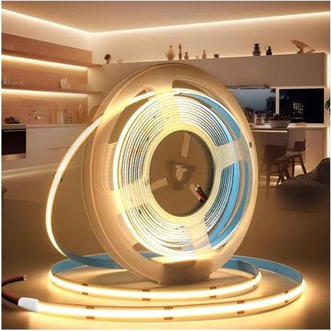 (Sans Alimentation) Ruban LED COB 5M 24V,10w Autocollant Bande LED COB 3000K Blanc Chaud Flexible 320LED/M Découpable Largeur 8mm CRI90 Intérieur Eclairage pour Chambre Cuisine Maison Miroir