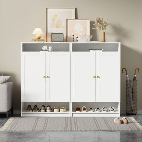 Pour 10 à 15 paires, armoire à chaussures pour entrée ou couloir, blanche avec poignées dorées et étagères réglables (1/5)