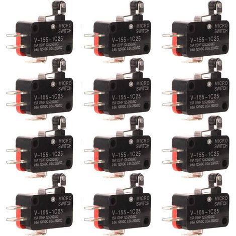 12 Stück V-155-1C25 Mikro-Endschalter, SPDT-Momentan-Drucktaster mit Scharnierrolle und Schnappmechanismus, ideal für Haushaltsgeräte und elektronische Geräte (1/5)