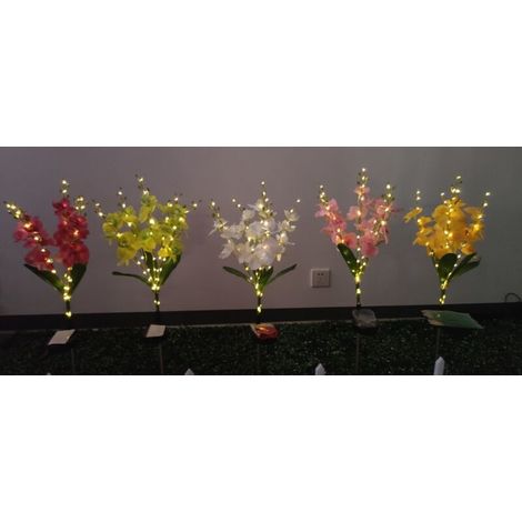 Lampes solaires en forme de fleurs, lot de 5, avec orchidées violettes et jaunes, lampes solaires d'extérieur, lampes solaires étanches pour jardins, terrasses, allées, pelouses, parterres de fleurs e (1/4)