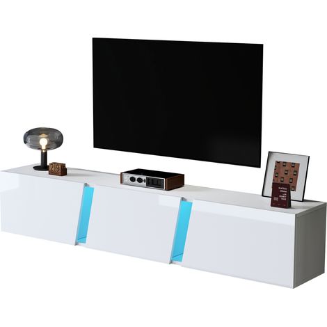 Mobile TV da Parete 180x35x30 cm, con Luci a LED e 3 Ante, per TV fino a 75 Pollici, Pannello truciolare, Bianco, per Soggiorno (1/5)