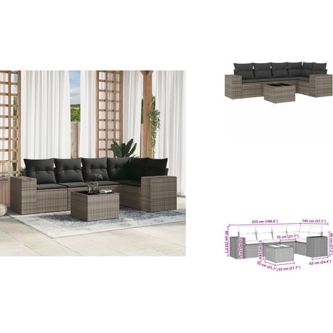 6-tlg. Garten-Sofagarnitur mit Kissen Grau Poly Rattan - Gartenmöbel Set - PE-Rattan Möbel - Outdoor Lounge - Esstisch Set - Balkonmöbel (1/3)