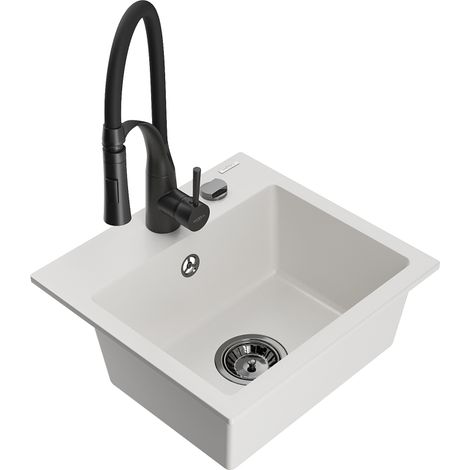 Mexen Milo évier en granit 1 cuve avec robinet de cuisine Aster, blanc - 6505-20-73450-70-B (1/5)
