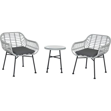 Ensemble mobilier jardin 3 pièces rotin PE 2 chaises table basse verre salon extérieur terrasse bistro gris compact moderne