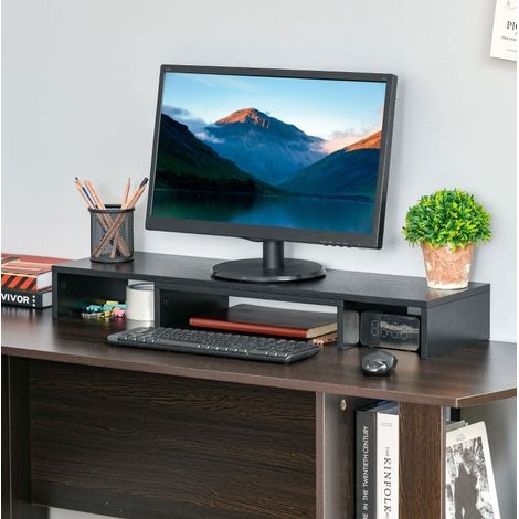 Support écran réglable 80-117x23,5x10 cm en bois noir gain de place pour bureau – MEUBLIV (1/5)
