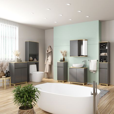 Set di mobili da bagno Livia, Antracite/quercia, 6 parti, Vicco