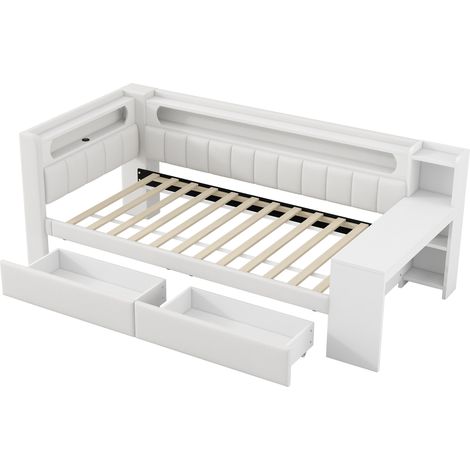 Lit de repos rembourré 90x200 avec ports USB et bande LED, avec bureau et 2 tiroirs, blanc (1/5)