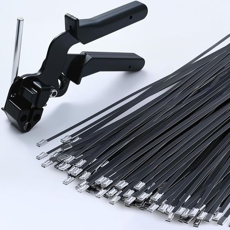 Black metal zip ties with stainless steel tie gun for fixing and cutting zip ties, UV-resistant steel, 100 pieces (1/5)