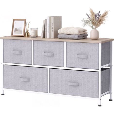 Commode à 5 tiroirs en tissu, meuble de chambre, structure en métal, 100 x 30 x 54 cm, grise (1/5)