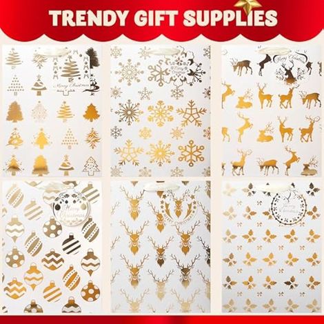 Sachets cadeaux avec papier de soie, 20 x 11 x 27 cm, sachets dorés, 6 motifs imprimés hivernaux pour cadeaux, articles de fête, sachets à bonbons de Noël