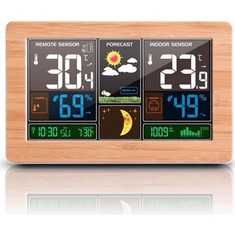Station Météo Thermomètre Hygromètre Baromètre Intérieur Extérieur avec Capteur LED Ecran, Rétro-éclairage Horloge Numérique Affichage Heure Date Jour Phase de Lune (Jaune) (1/4)