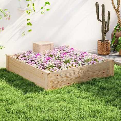 Fioriera quadrata in legno per orto da esterno con contenitore per compost a fondo aperto, 123 x 123 x 25,5 cm, legno naturale.