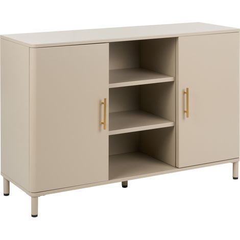 Aparador de acero 2 puertas con estantes abiertos esquinas redondeadas tiradores dorados beige Ombura (1/5)