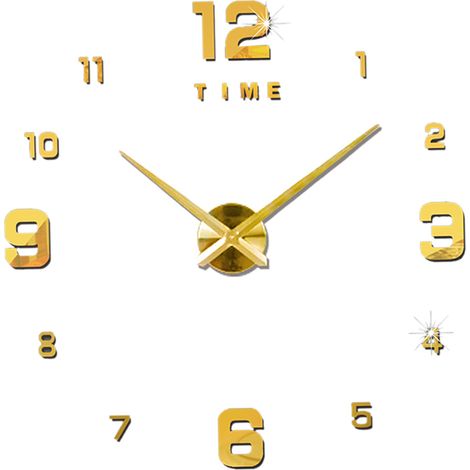 Horloge Murale 3D Miroir DIY Sans Cadre Silencieuse Grand Format Autocollante Décoration Salon Maison Or Argent Noir (1/5)