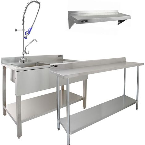 Lavello Commerciale con Sgocciolatoio a Destra e Rubinetto Estensibile Ripiano con 2 Mensole a Muro per Tavolo in Acciaio Inox da Ristorante, Resistente alla Corrosione Tavolo 180cm Mensole da 125cm