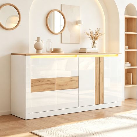 Buffet 140x35x70 cm 4 portes avec LED RGB, rangement, MDF blanc laqué et effet chêne pour salon
