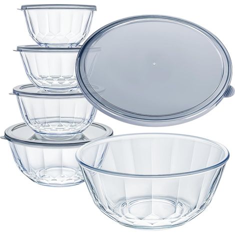 Lot de 5 Bols en Verre, 0,8L à 4,45L, Résistants à la Chaleur, Empilables, Couvercles Inclus, pour Cuisine et Conservation