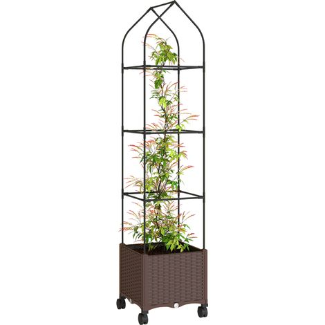 Outsunny Raised Garden Bed Tomato Cage with Trellis, Drainage Holes, Brown (1/5)
