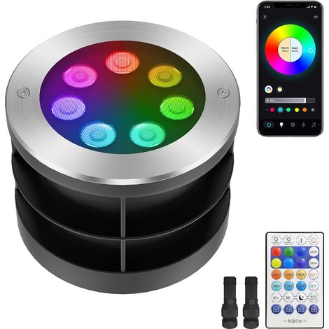 Spot encastrable extérieur LED multicolore Bluetooth – 16M Couleurs RGBCW, Blanc réglable 2700K-6500K, Télécommande RF, 50 modes, DC24V, IP67 étanche (304 inox) (1/5)