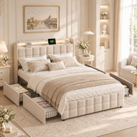 Lit double 180x200 cm avec 4 tiroirs, charge usb, tête de lit led, lit avec rangement et sommier à lattes,lin beige lit capitonné, sans matelas (1/5)