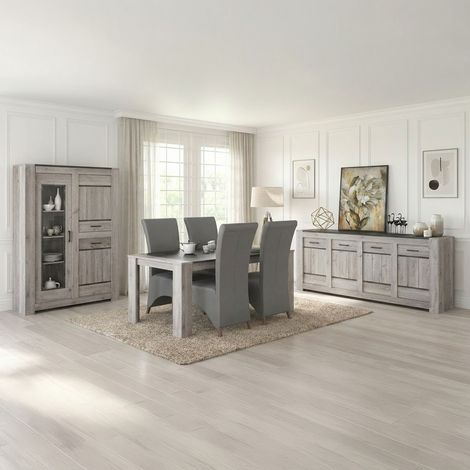 Salle à manger complète contemporaine chêne gris – Buffet 223.6 x 49.6 cm – Table rectangulaire 180 x 100 cm – Mélaminé facile à entretenir – Deladeco