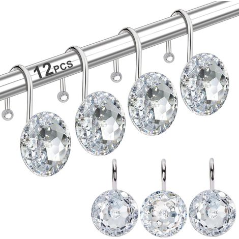 Anneaux et crochets pour rideau de douche - Lot de 12 crochets décoratifs en acier inoxydable antirouille avec strass, design cristal, multi-usages pour rideaux de salle de bain, vêtements et serviett (1/5)