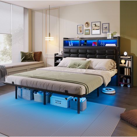 Polsterbett 140/190 cm grau aus Metall mit LED, Ladestation und 2 Nachttischen (1/5)